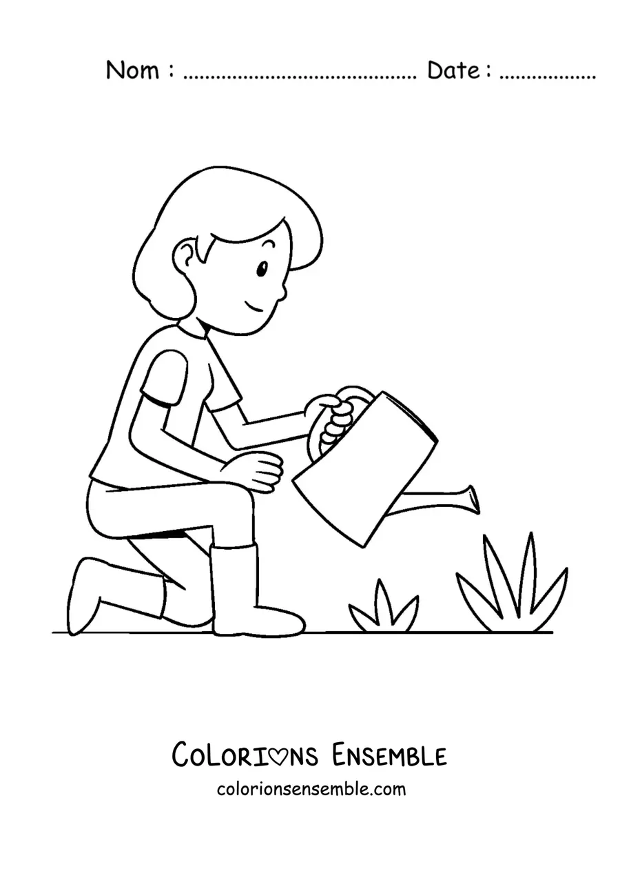 Image à colorier d’une jeune femme arrosant les plantes de son jardin