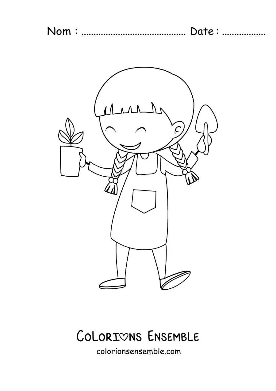 Image à colorier d’une fille avec un pot de fleurs et une pelle de jardinage
