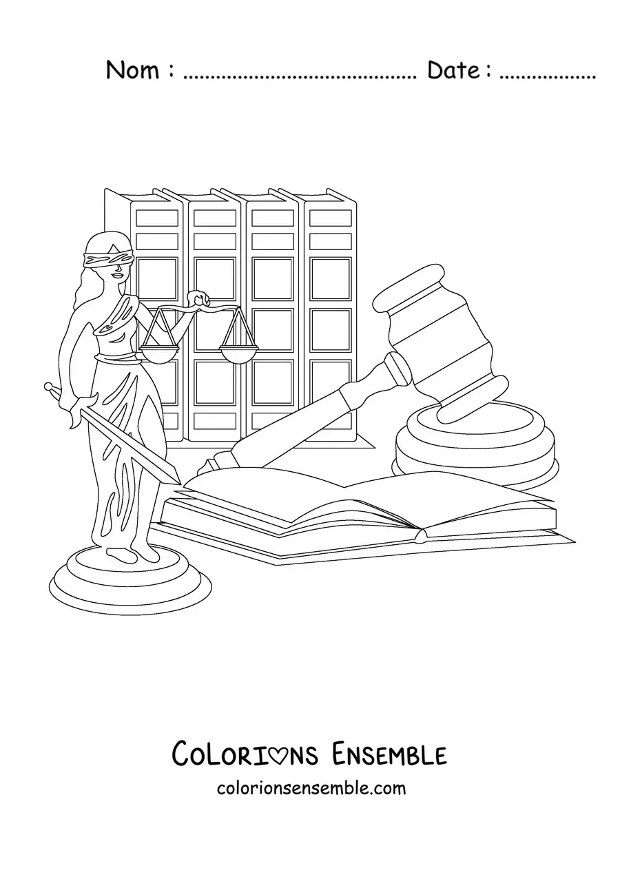 Image à colorier d'une figure de la Justice tenant une balance à côté d'un maillet
