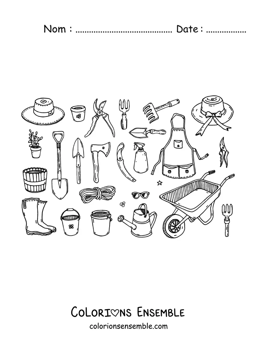 Image à colorier d’outils et d’équipement de jardinage