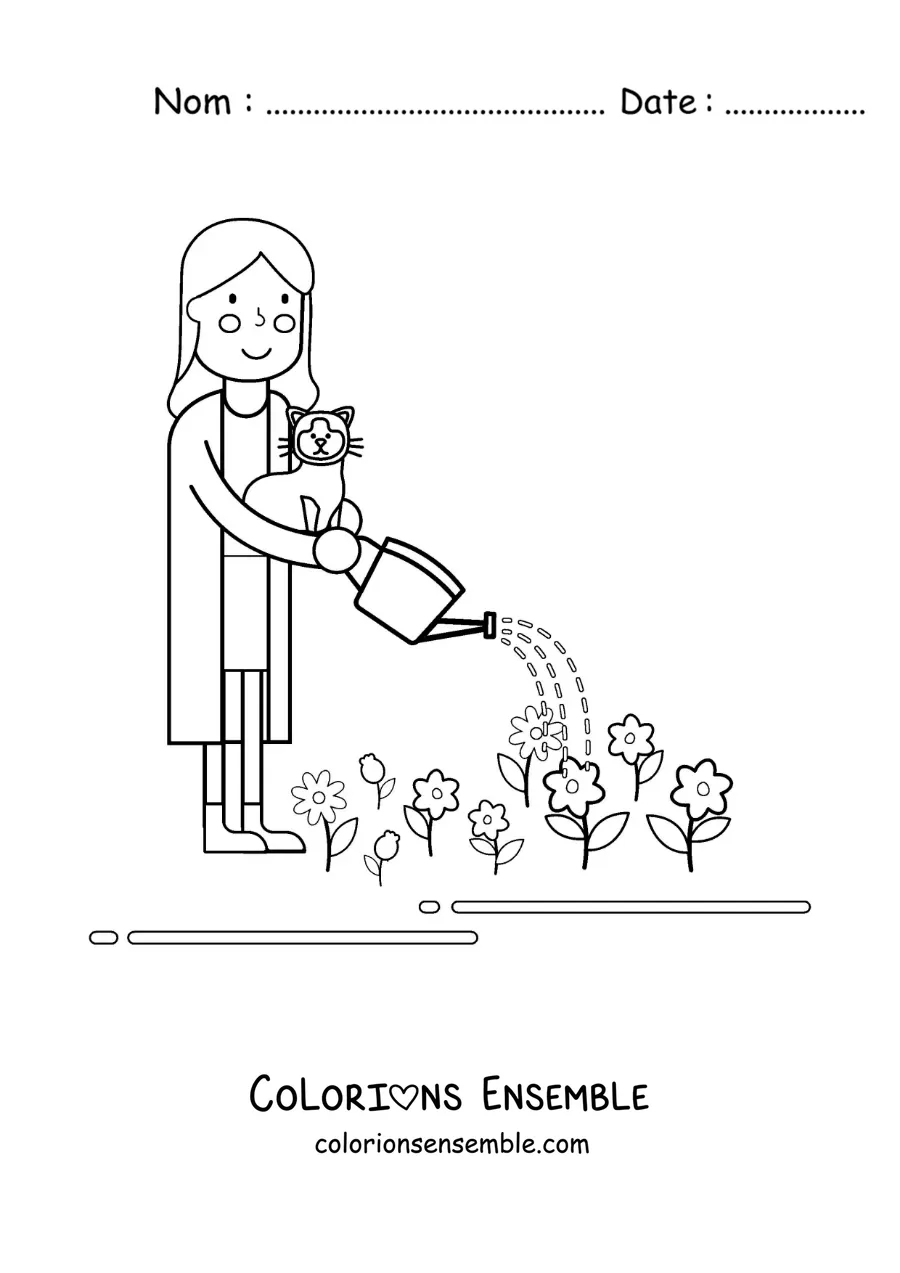 Image à colorier d’une femme avec son chat arrosant des fleurs