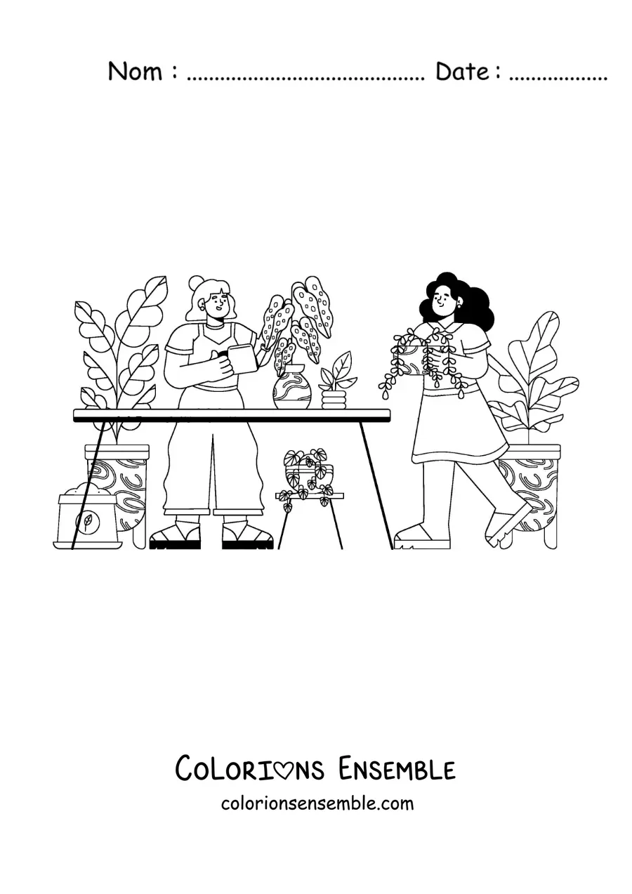 Image à colorier de deux filles s’occupant des plantes dans une serre