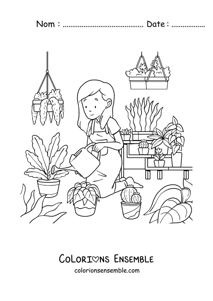 Image à colorier d’une femme s’occupant des plantes dans une serre