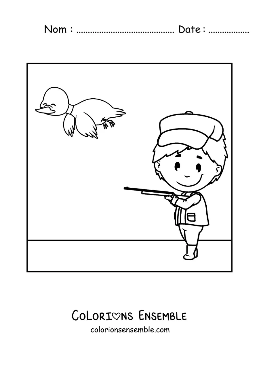 Image à colorier d’un chasseur visant un canard