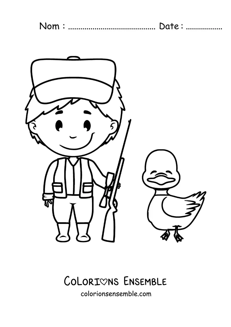 Image à colorier d’un chasseur à côté d’un canard