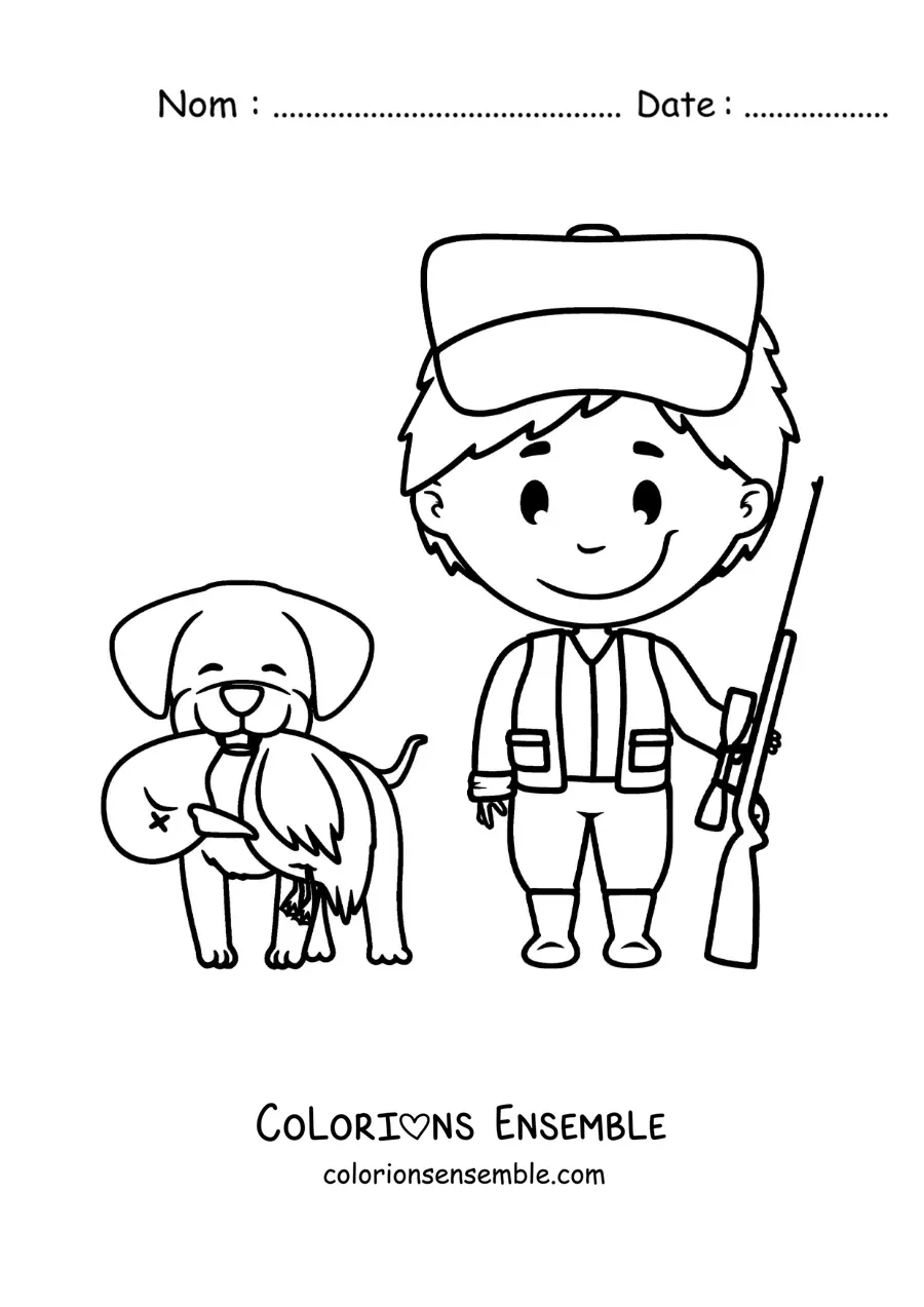 Image à colorier d’un chasseur à côté d’un chien de chasse qui a attrapé un canard