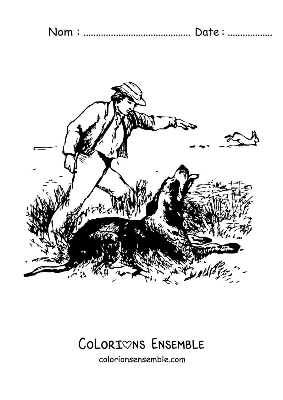 Image à colorier d’un chasseur de canards donnant des instructions à son chien