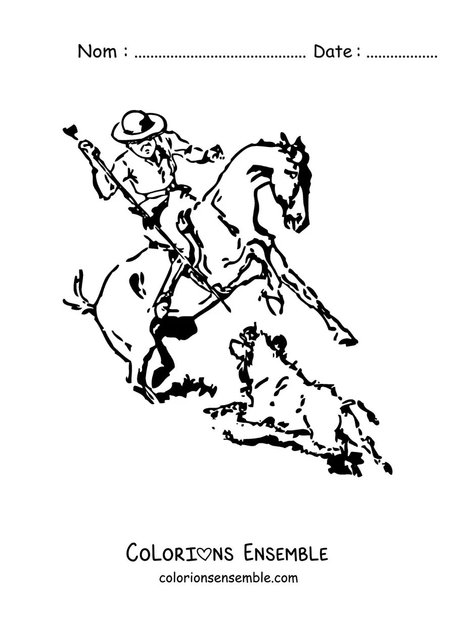 Image à colorier d’un homme à cheval chassant un sanglier