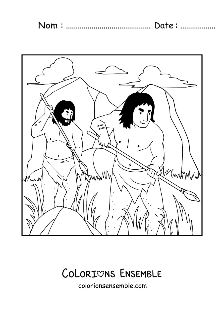 Image à colorier de deux hommes préhistoriques chassant avec une lance