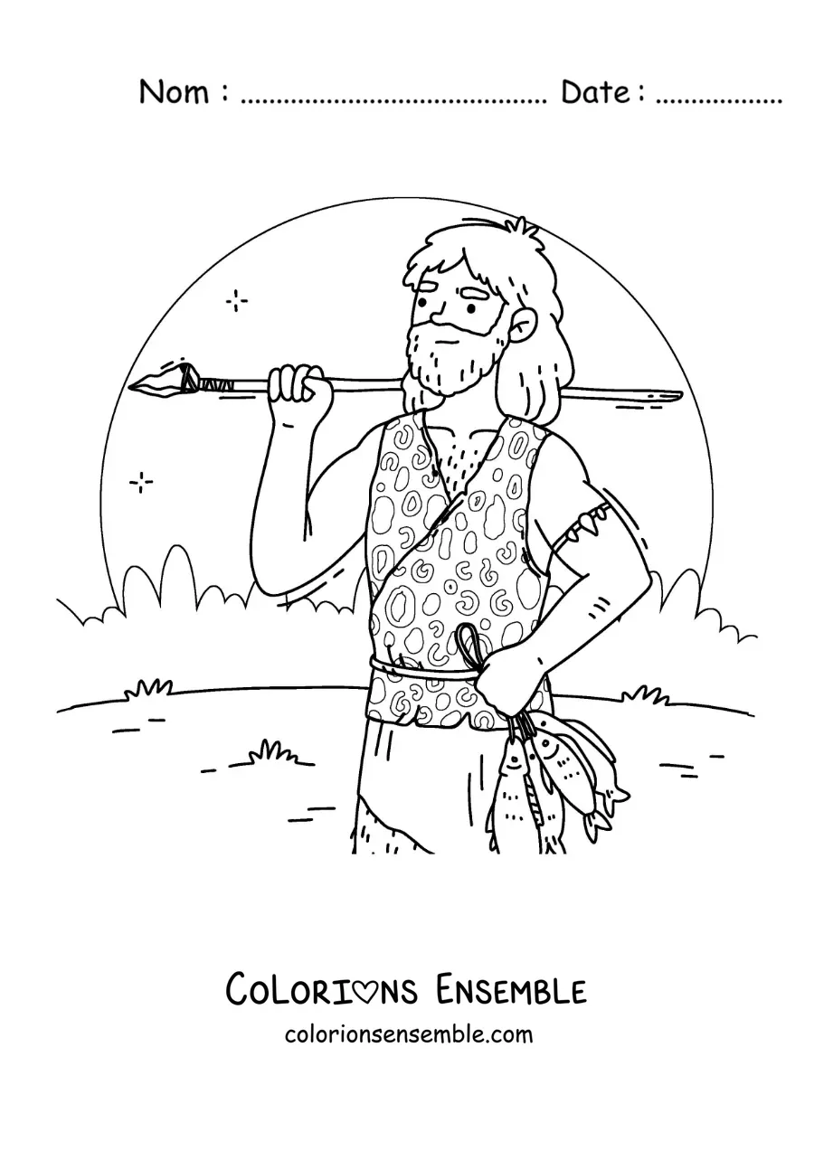Image à colorier d’un homme des cavernes chassant des poissons avec une lance