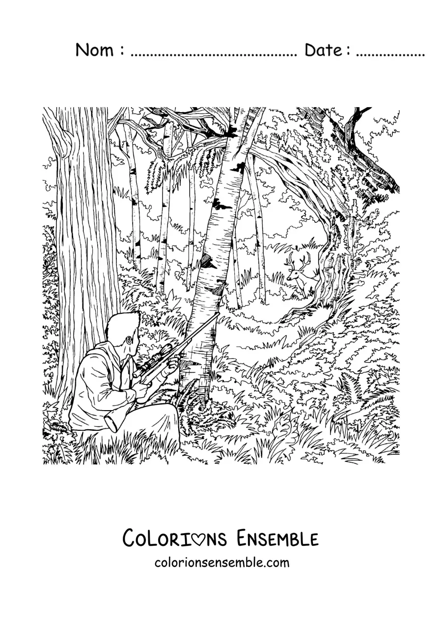 Image à colorier d’un chasseur visant un cerf dans la forêt