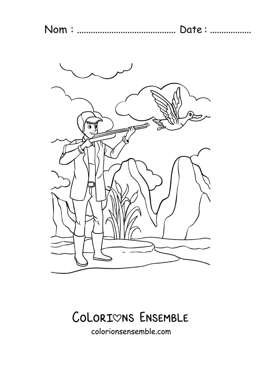 Image à colorier d’un chasseur visant un canard dans la nature