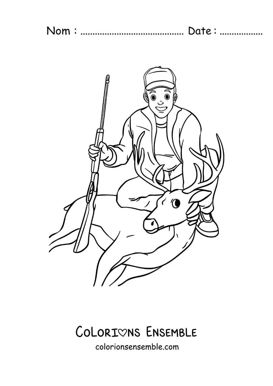 Image à colorier d’un chasseur avec un cerf