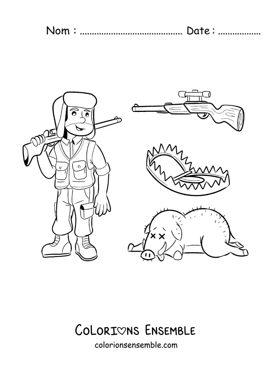 Image à colorier d’un chasseur de sangliers avec des pièges et une arme
