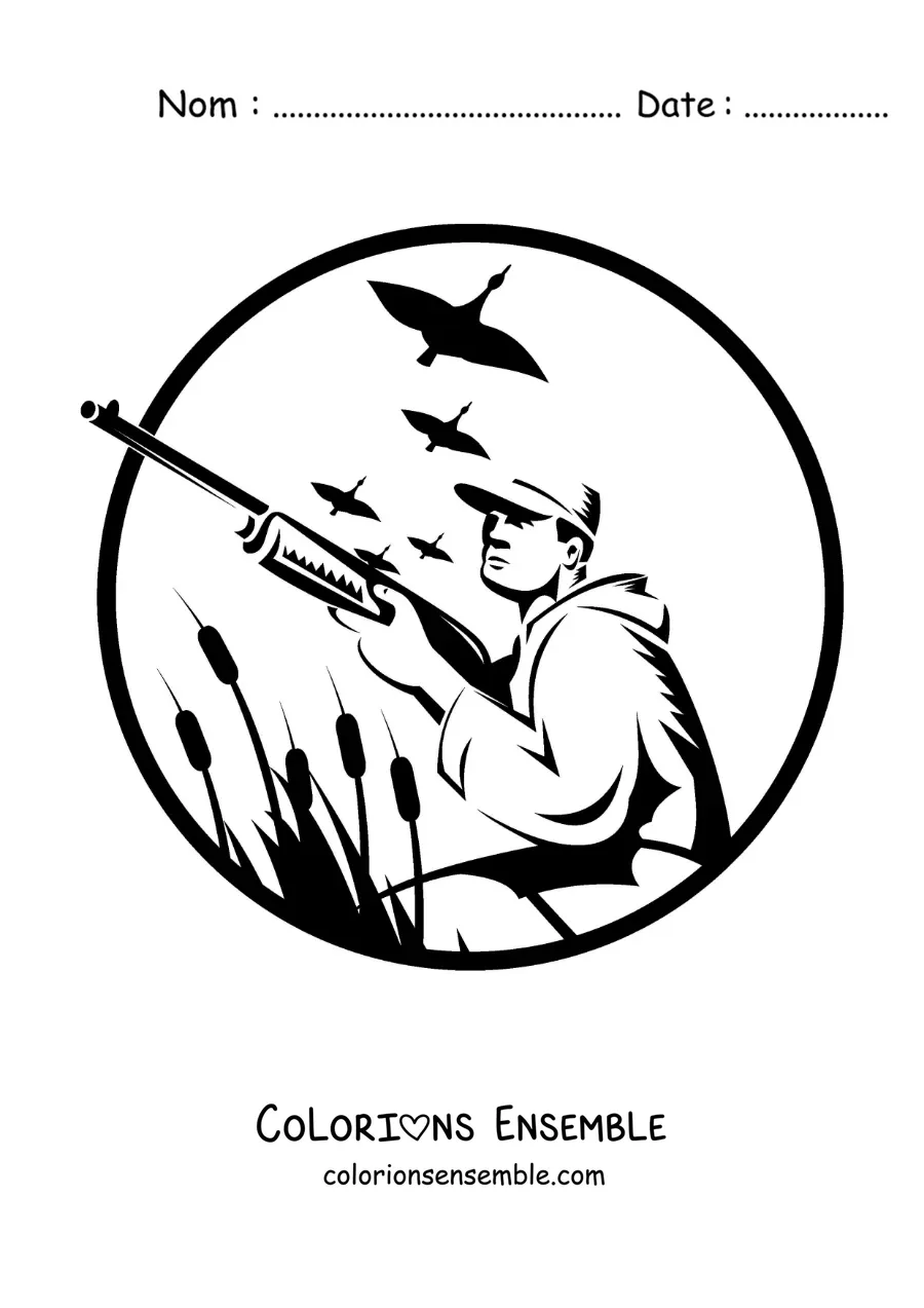Image à colorier d’une silhouette d’un homme chassant des canards