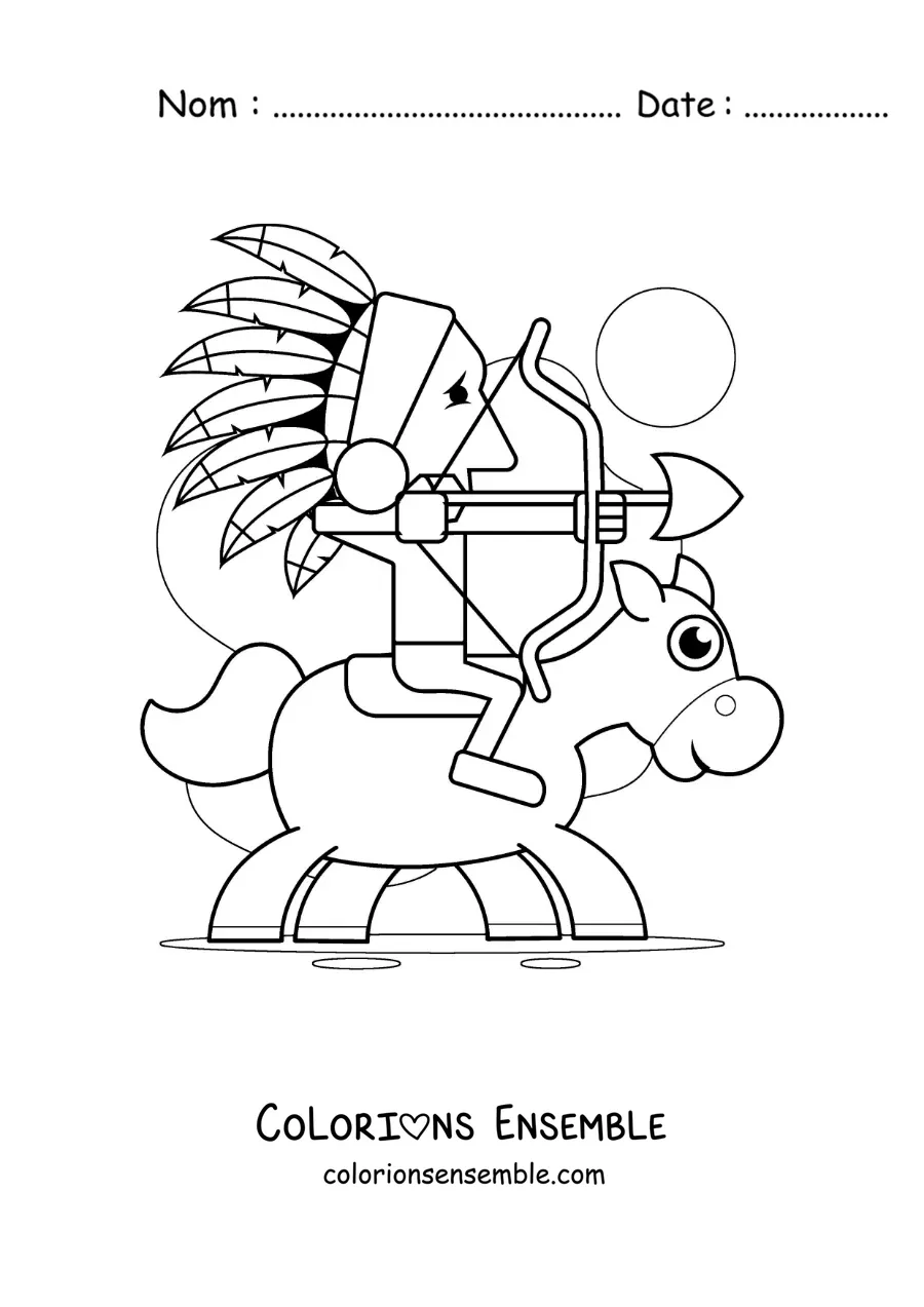 Image à colorier d’un Amérindien à cheval chassant avec un arc
