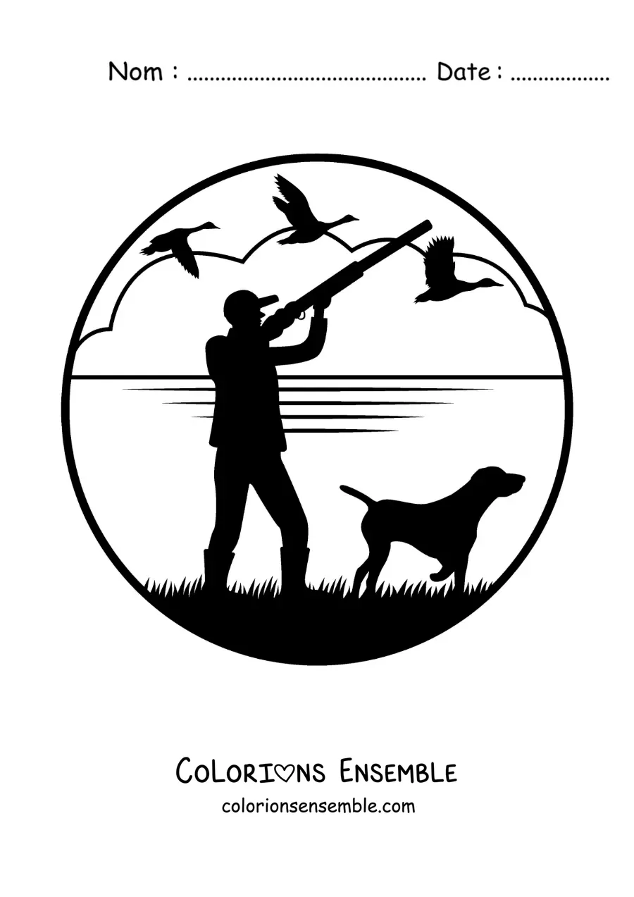 Image à colorier d’une silhouette d’un chasseur de canards avec son chien