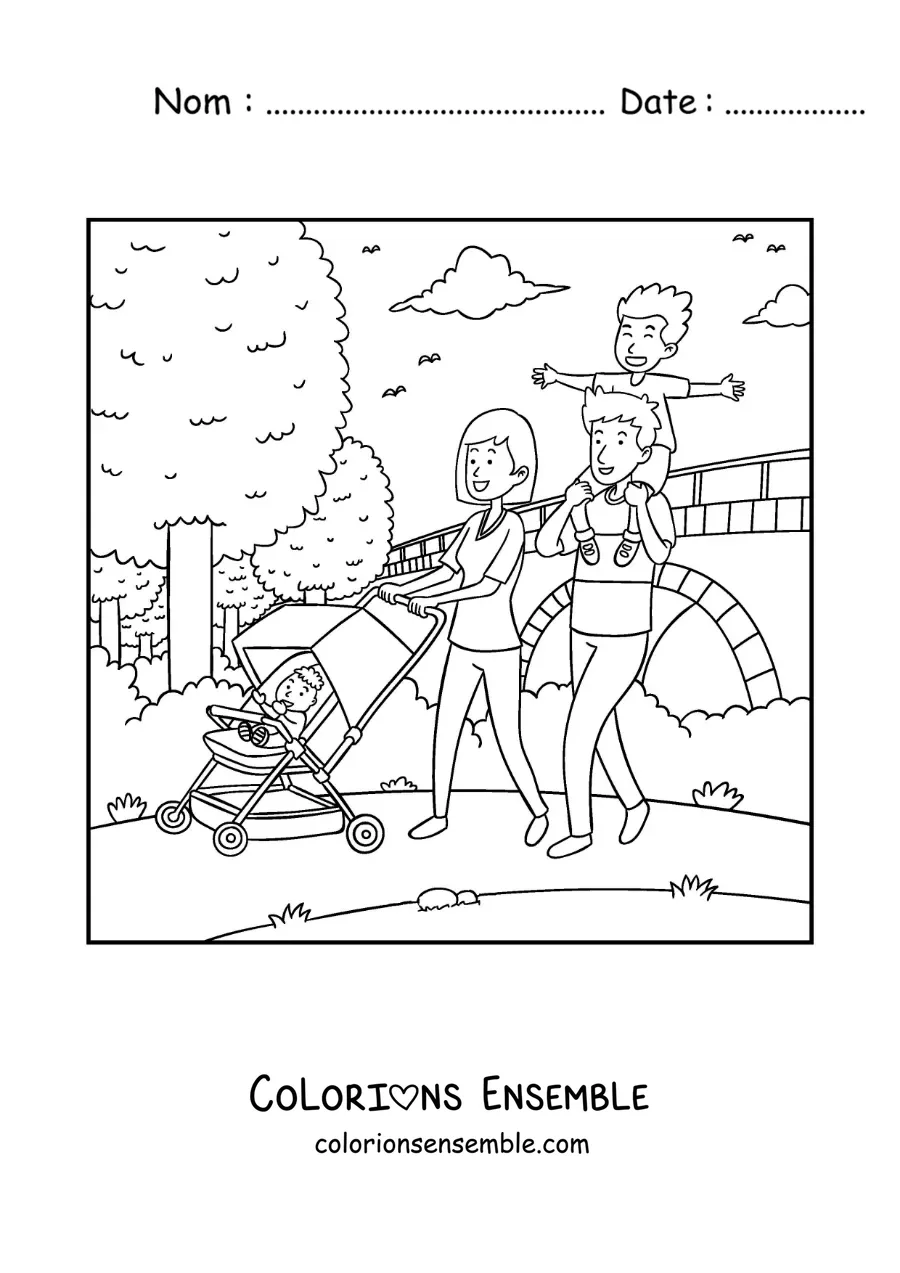 Image à colorier d’une famille en promenade dans le parc