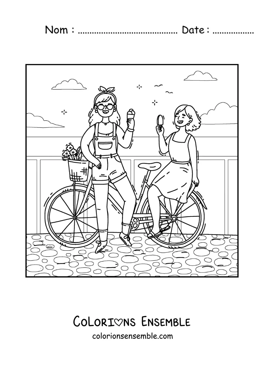 Image à colorier de deux amies mangeant une glace lors d’une balade à vélo