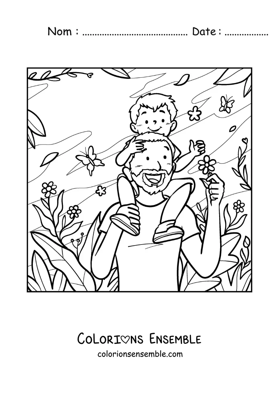 Image à colorier d’un père se promenant dans le parc avec son fils assis sur ses épaules