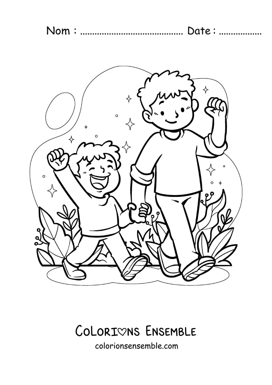 Image à colorier d’un garçon et de son petit frère se promenant main dans la main dans le parc
