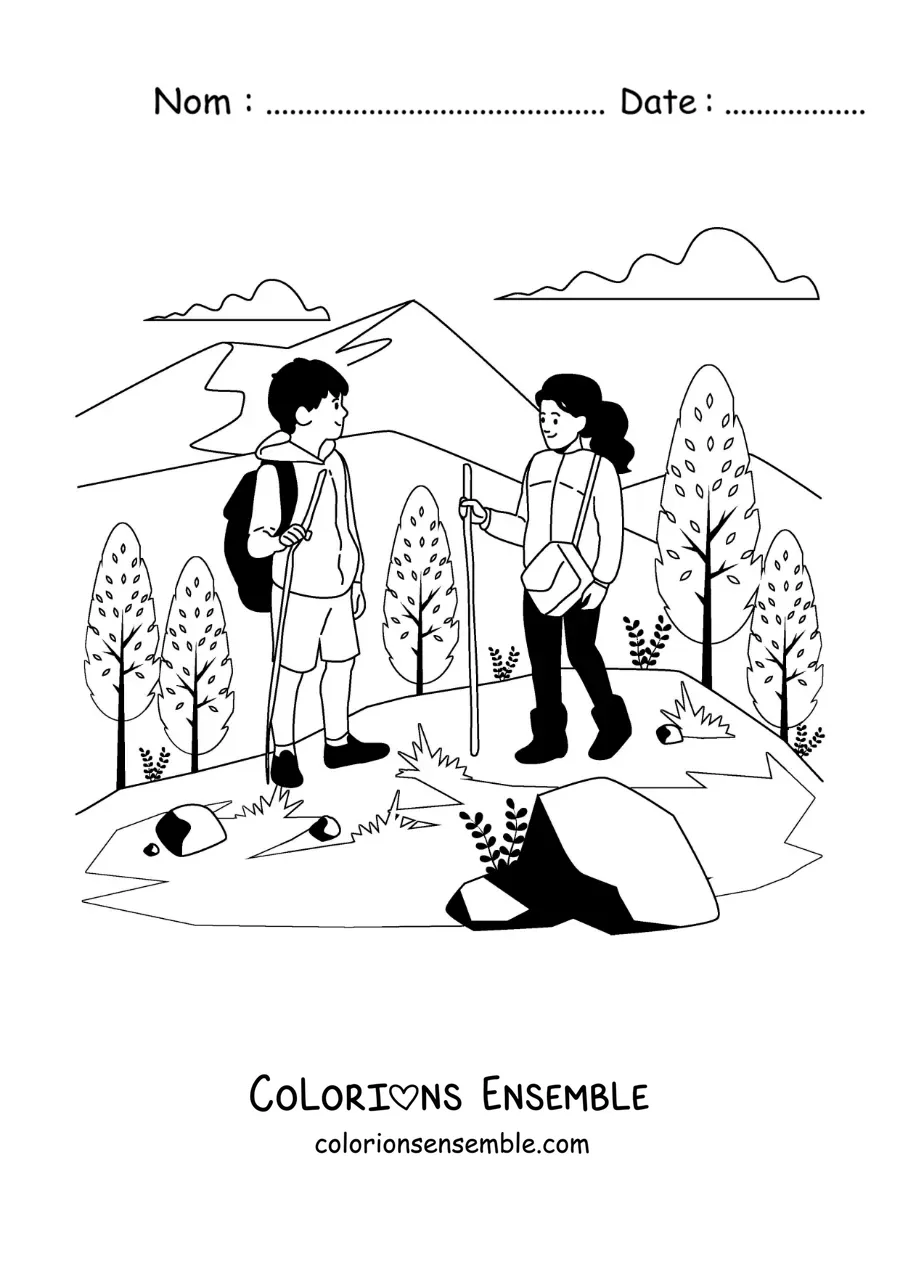 Image à colorier d’un couple faisant de la randonnée dans les montagnes