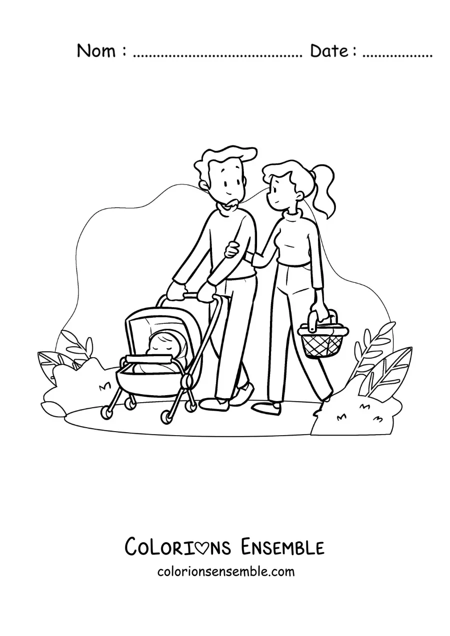 Image à colorier d’un couple en promenade dans le parc avec leur bébé