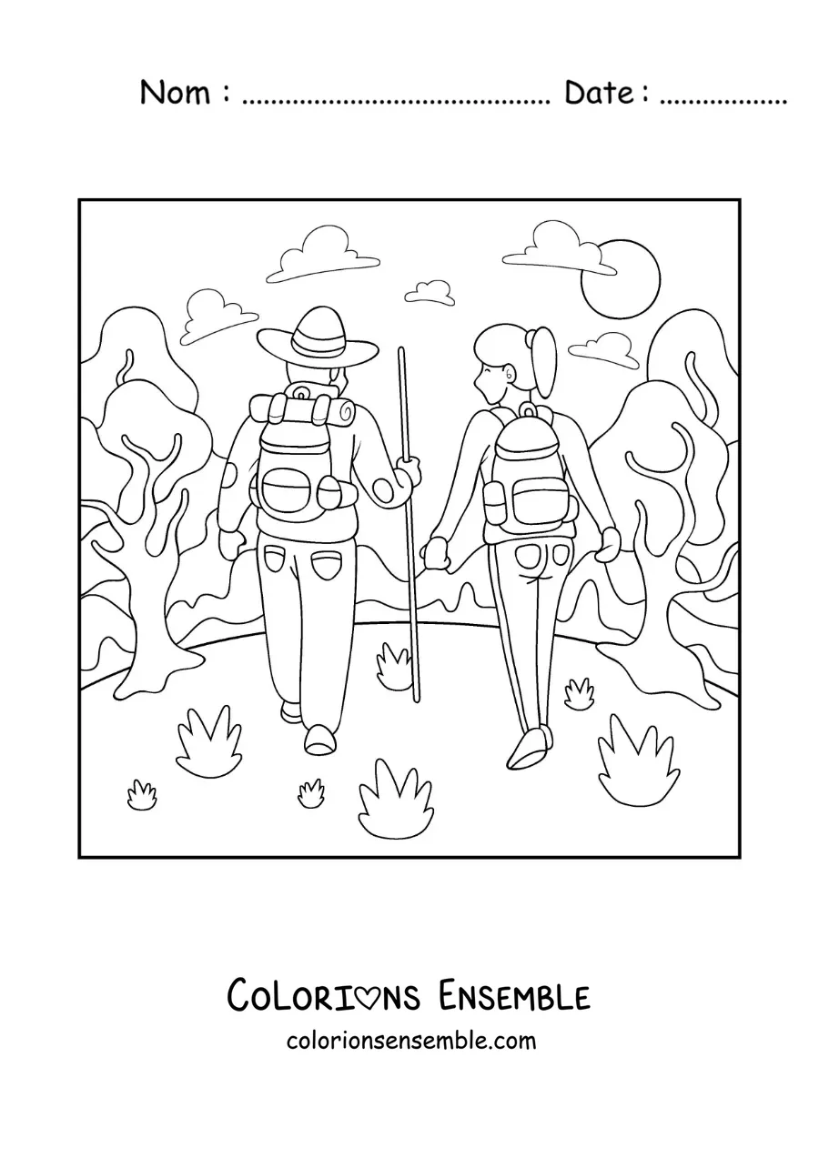 Image à colorier d’un couple faisant de la randonnée