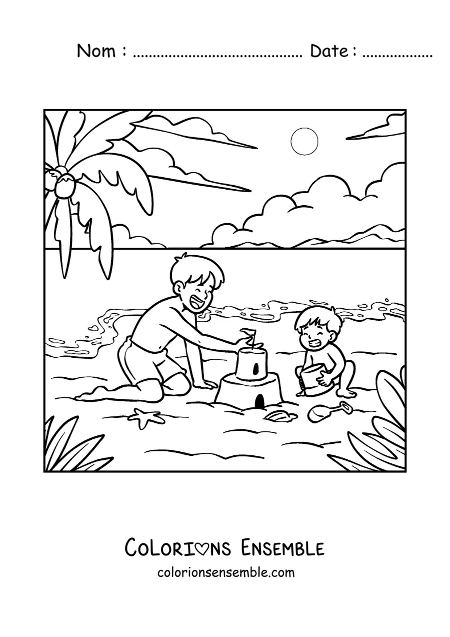 Coloriage d'un papa qui construit un château de sable avec son fils à la plage