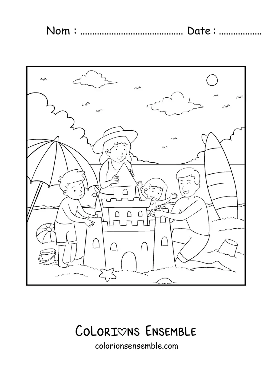 Coloriage d'une famille qui construit un château de sable à la plage