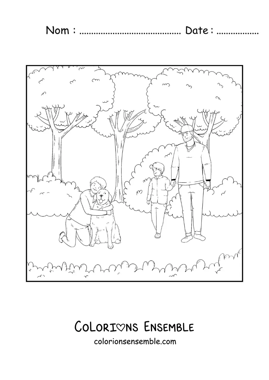 Coloriage d'un papa et de son fils en promenade dans le parc