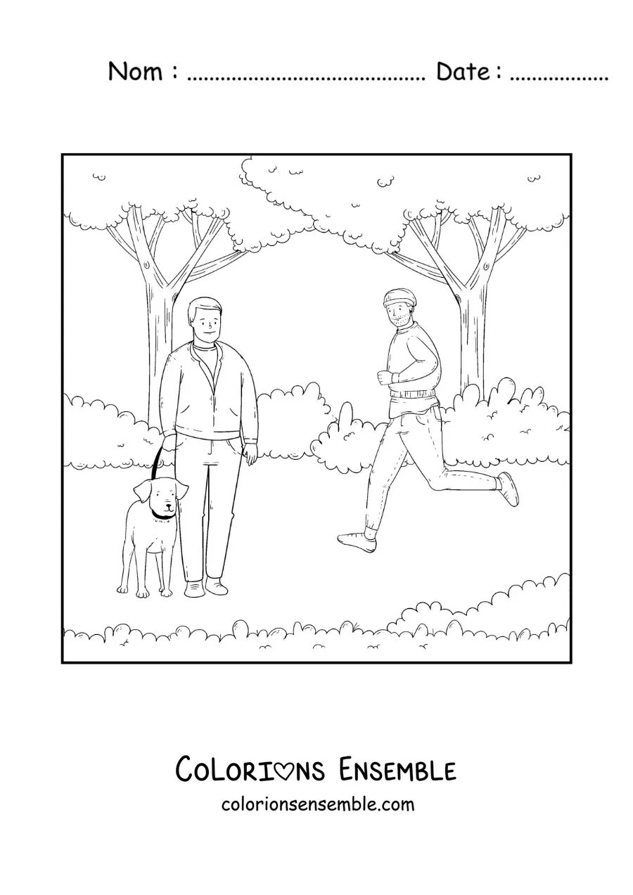 Coloriage d'un garçon qui fait du jogging et d'un homme qui promène son chien dans le parc
