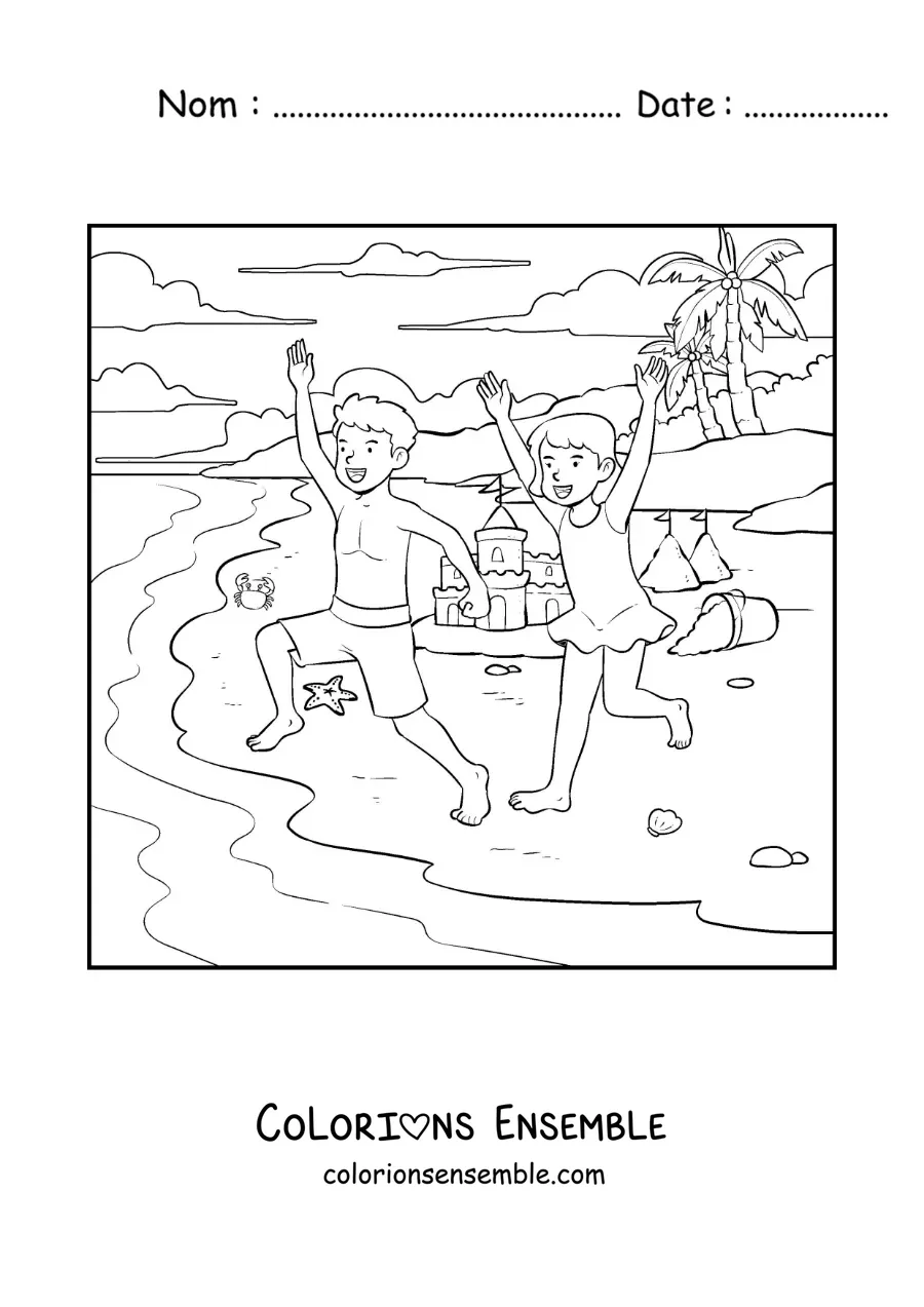 Coloriage d'une fille et de son frère en promenade sur la plage
