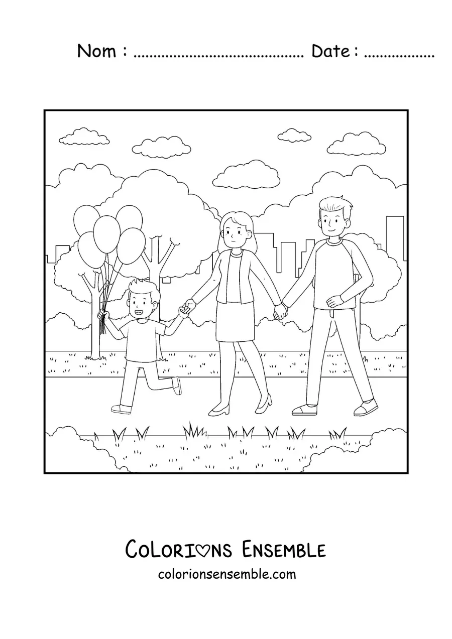 Coloriage d'une famille qui se promène dans le parc avec son petit enfant tenant des ballons