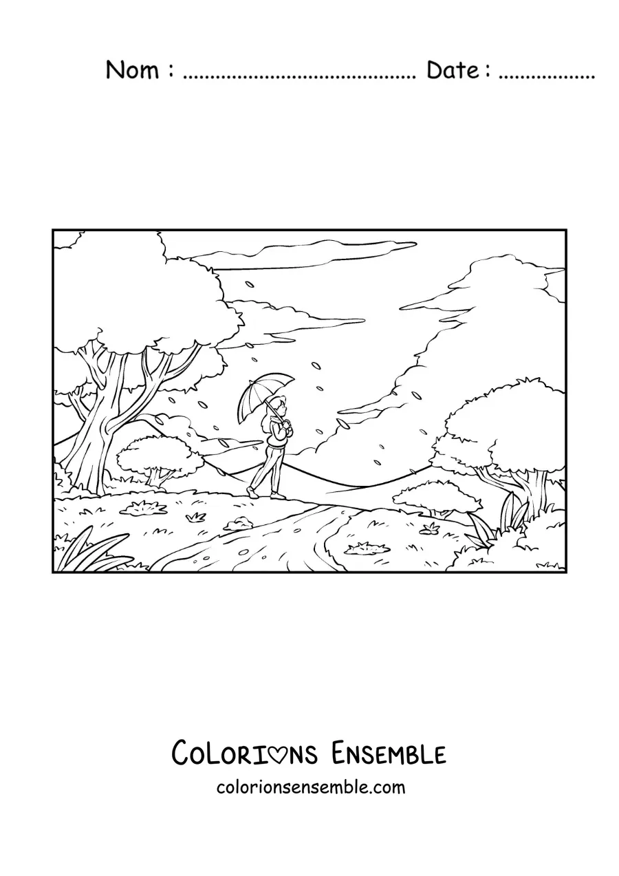 Coloriage d'une fille en promenade dans le parc avec une ombrelle, en automne