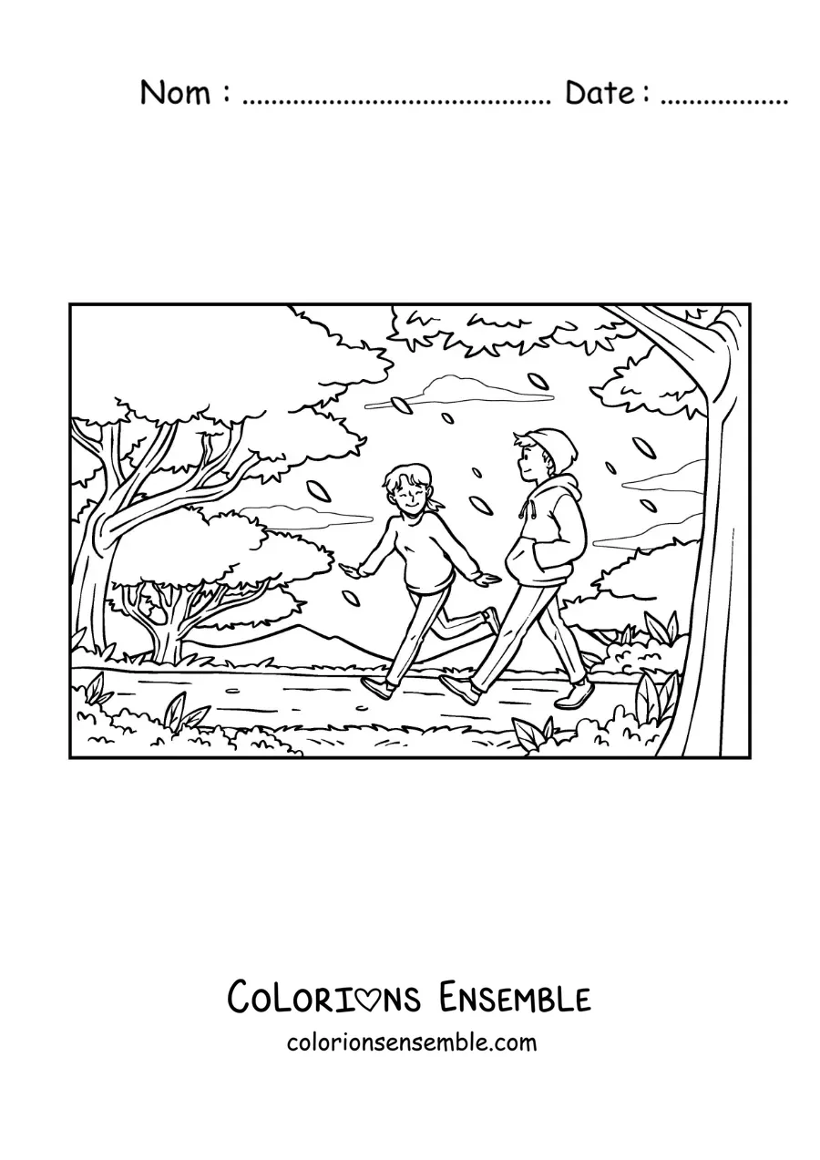 Coloriage d'un jeune couple en promenade dans le parc, en automne