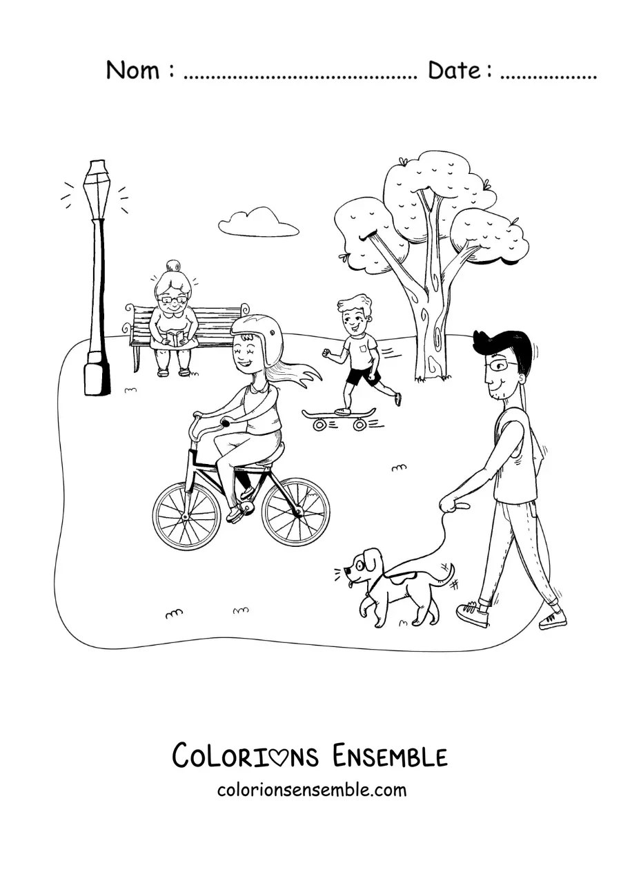Coloriage de personnes de tous âges qui se promènent dans le parc