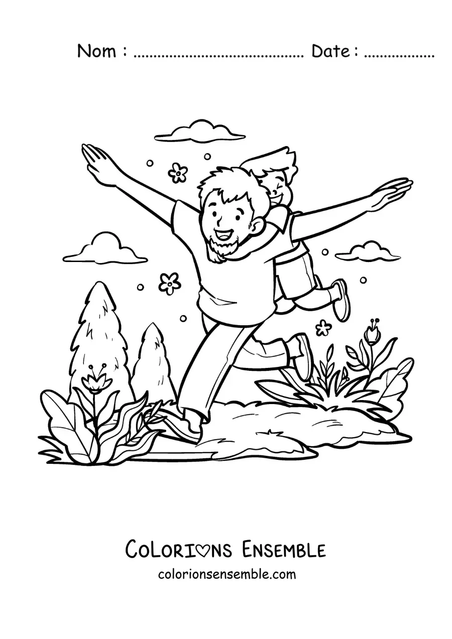 Coloriage d'un papa qui joue avec son fils dans le parc