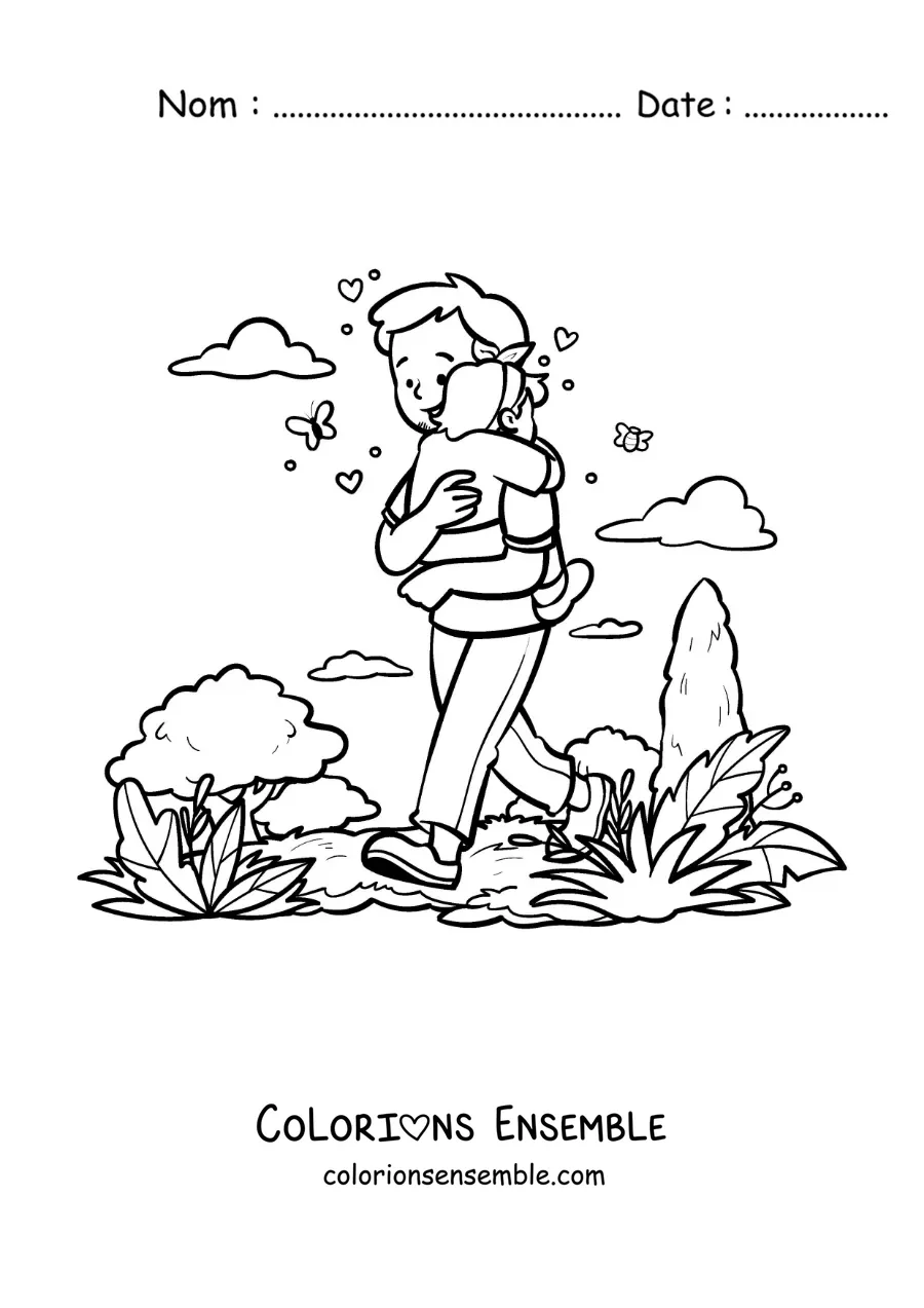 Coloriage d'un papa qui porte sa fille dans le parc