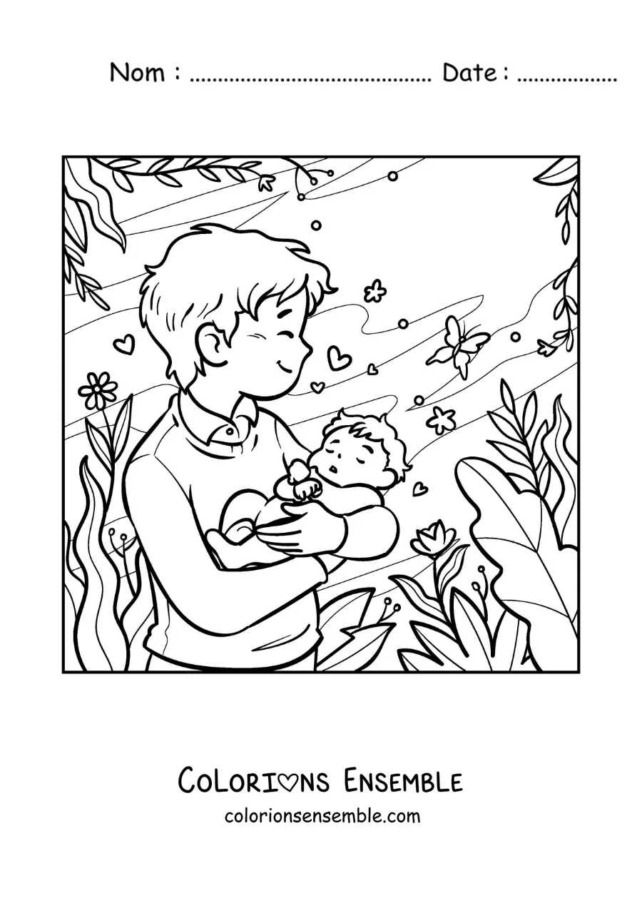 Coloriage d'un papa qui porte son bébé dans le parc
