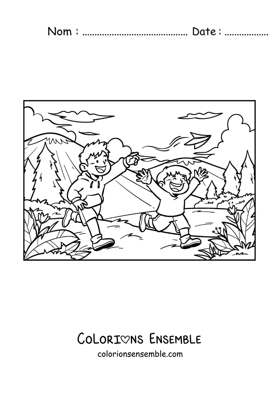 Coloriage de deux enfants qui courent dans le parc