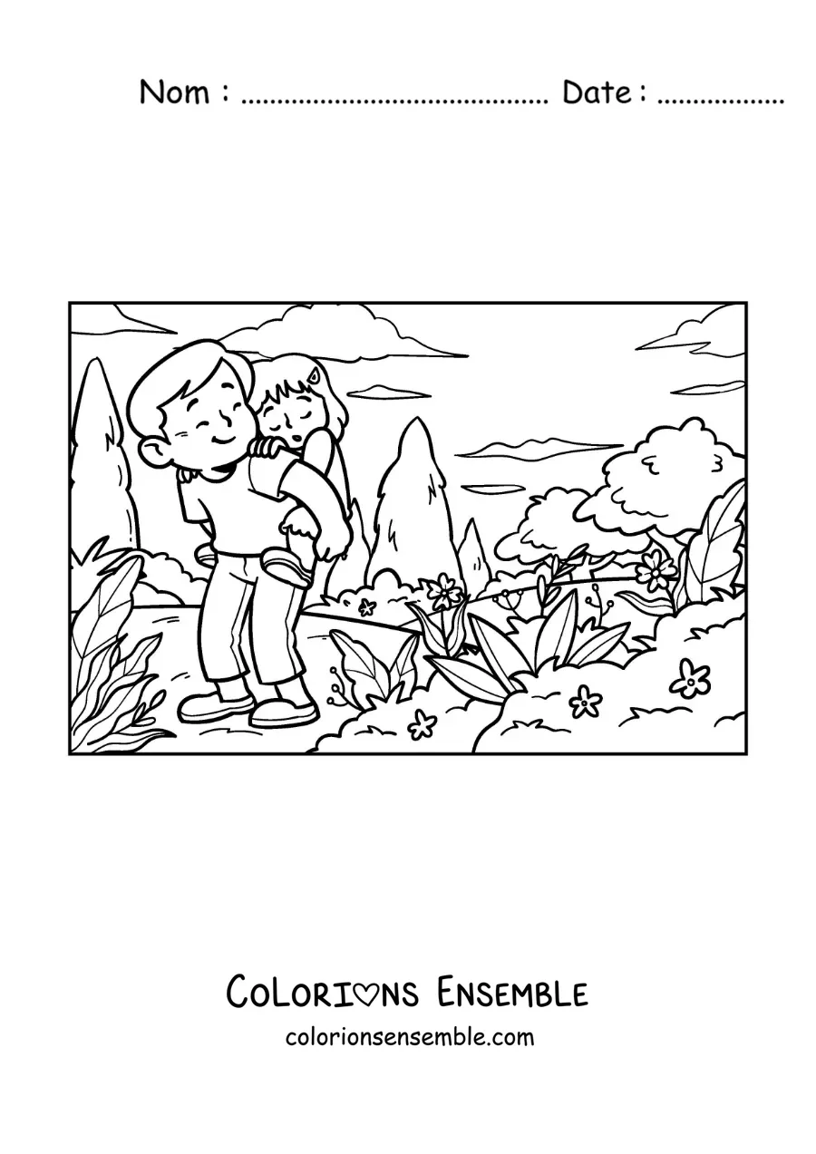 Coloriage d'un papa qui porte sa fille sur un sentier de randonnée