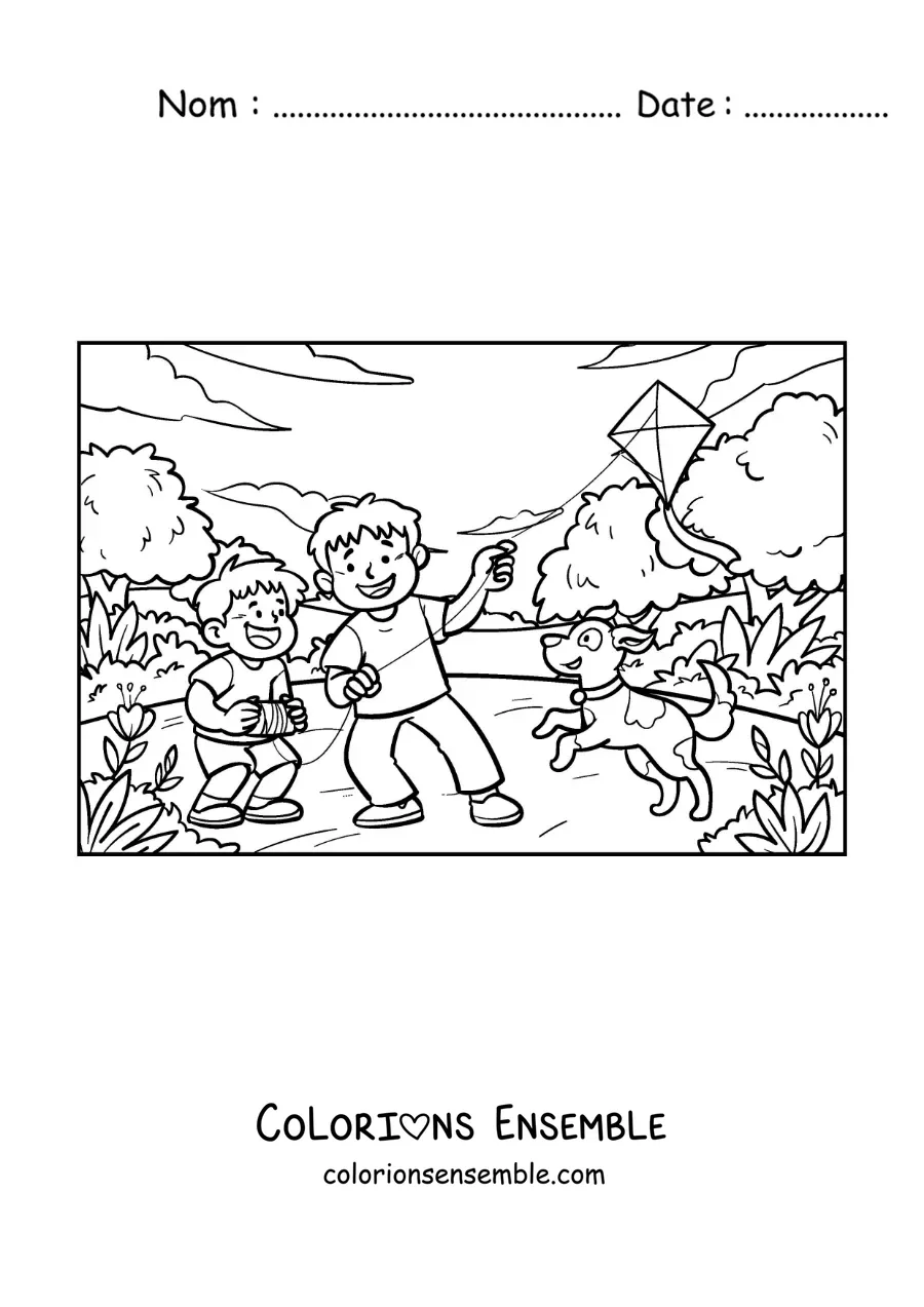 Coloriage de deux enfants qui font voler un cerf-volant avec leur chien dans le parc