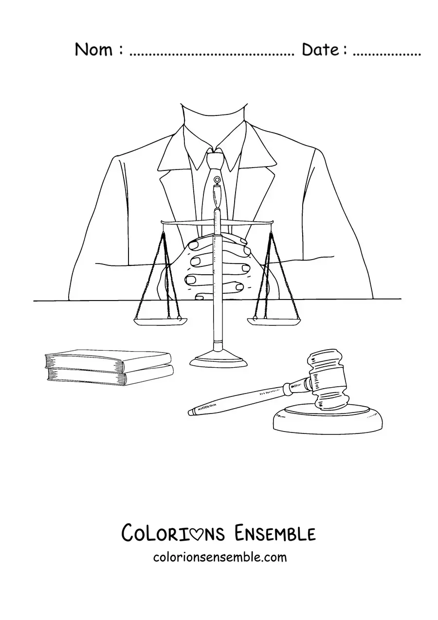 Image à colorier du buste d'un avocat devant une balance et un maillet