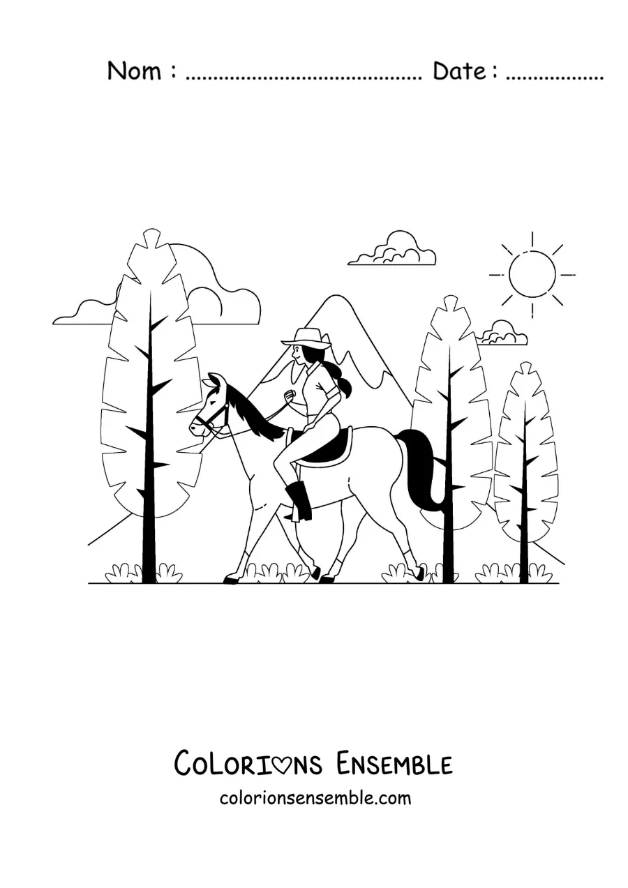 Coloriage d'une fille qui fait une balade à cheval dans la forêt