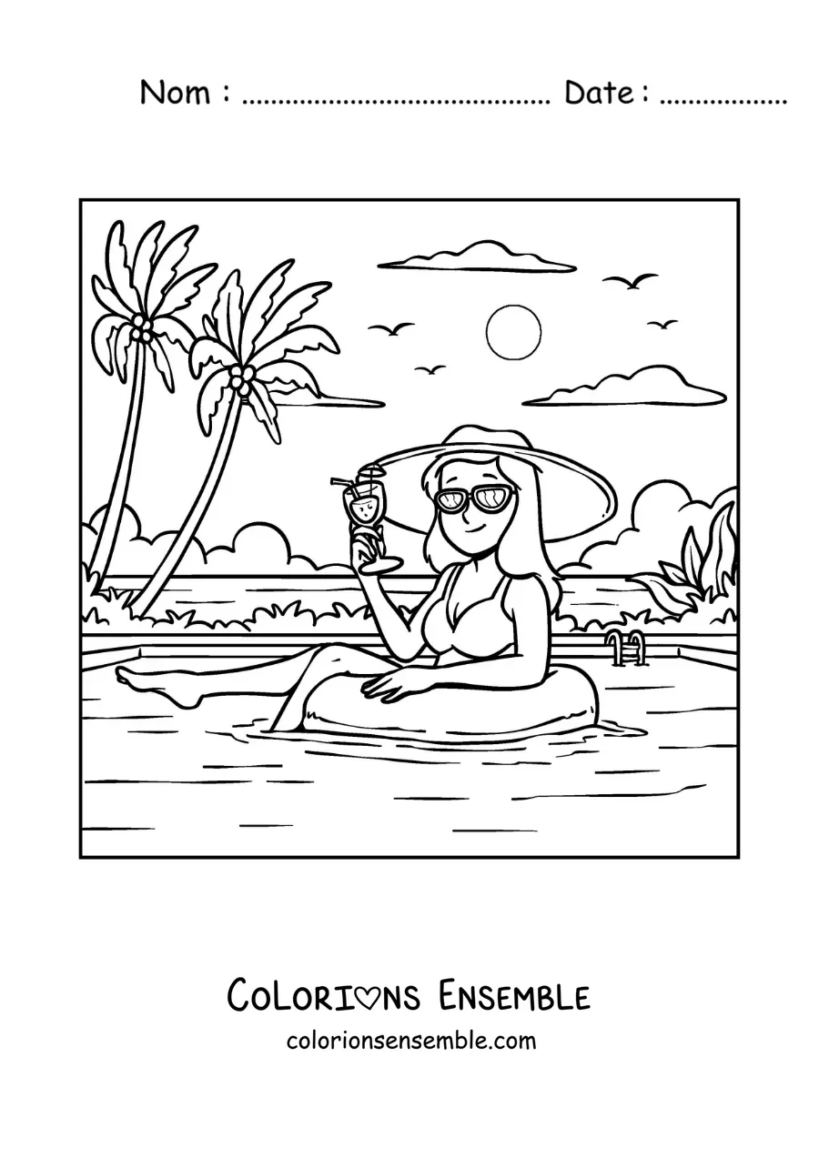 Coloriage d'une fille avec un chapeau de vacances dans une piscine