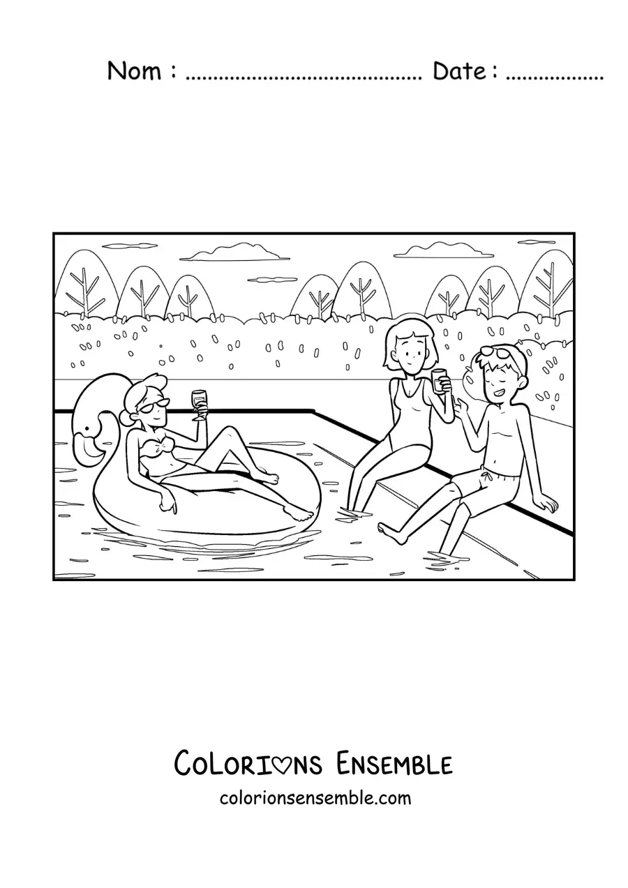 Coloriage d'un groupe de jeunes amis à une fête au bord de la piscine
