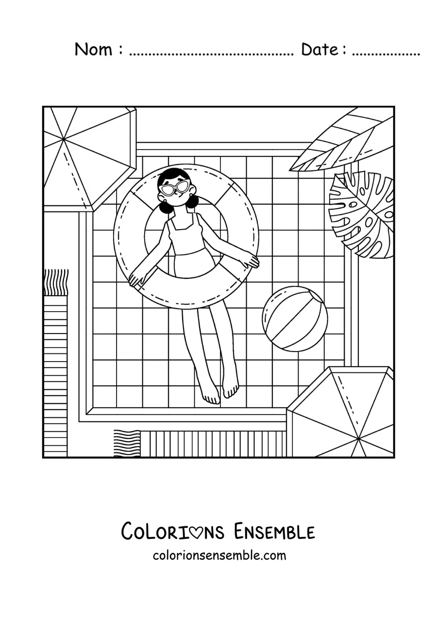Coloriage d'une fille en vacances qui flotte dans une piscine