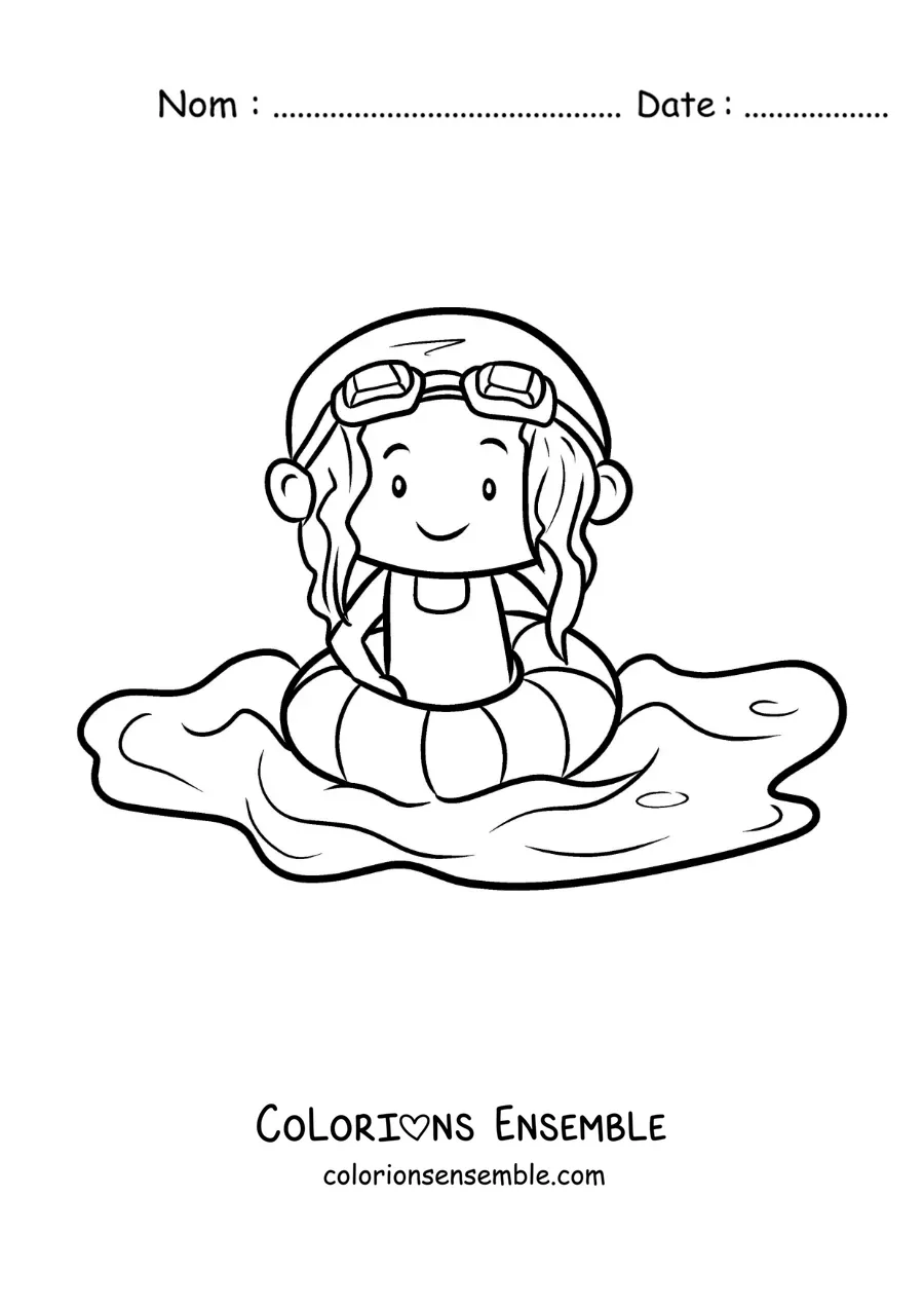 Coloriage d'une fille avec une bouée et des lunettes de natation dans une piscine