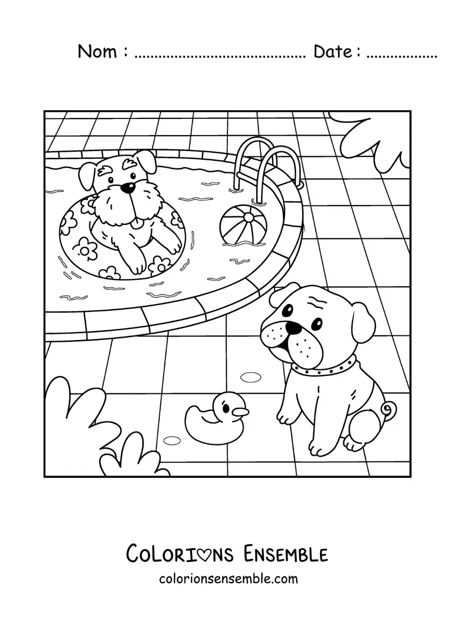 Coloriage de chiens rigolos dans une piscine